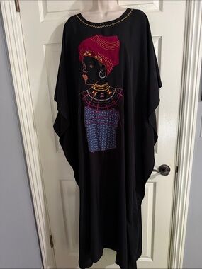 Utopia Africa Designs Black Maxi Dress with Pink Headwrap and Gold Accents